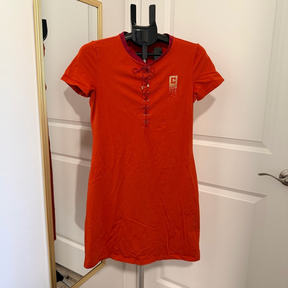 Chaps Lace-Up Mini Dress Y2K Rhinestone Logo Short Sleeve Orange